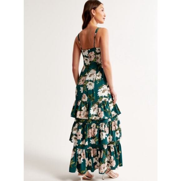 Abercrombie & Fitch Drama Ruffle Tiered Maxi Dress Green Floral Size XS - Picture 2 of 2